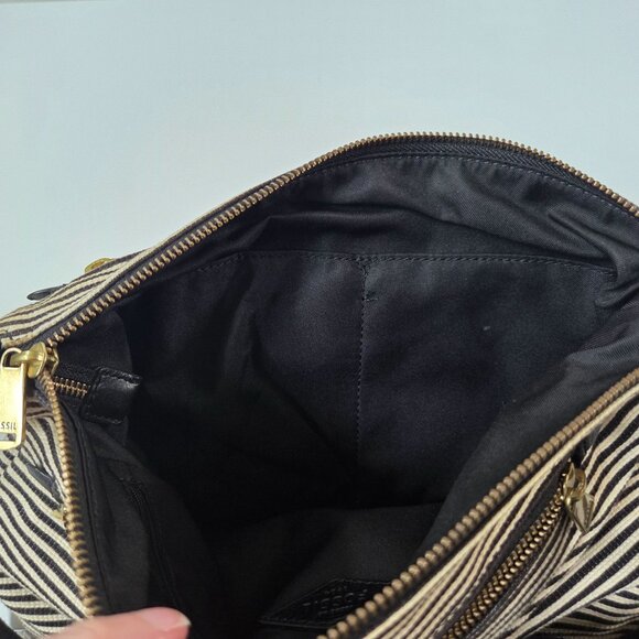 Fossil Purse Kinley Black Striped Canvas Tan Leather Crossbody Bag Boho - Picture 5 of 11